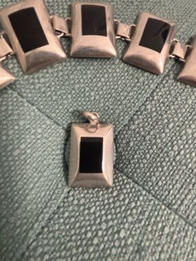 Rectangular Black onyx Inlay Sterling-Style Bracelet and Pendant